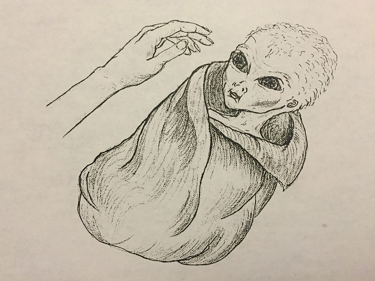 Drawing of an infant-like figure being held