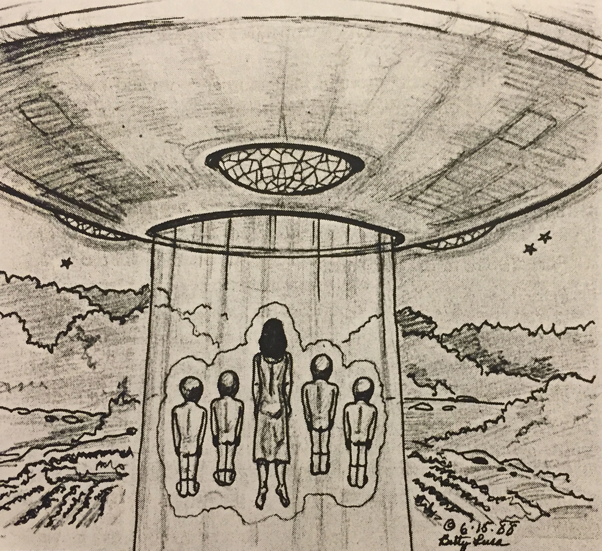 Drawing of several figures standing beneath a disc-shaped craft
